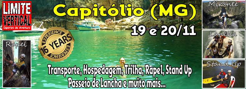 CAPITÓLIO (MG) - Rapel em Cachoeira, Passeio de Lancha, Trilha, StandUP
